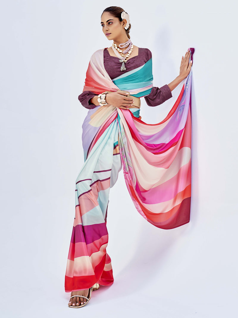 Multicolor Satin Saree