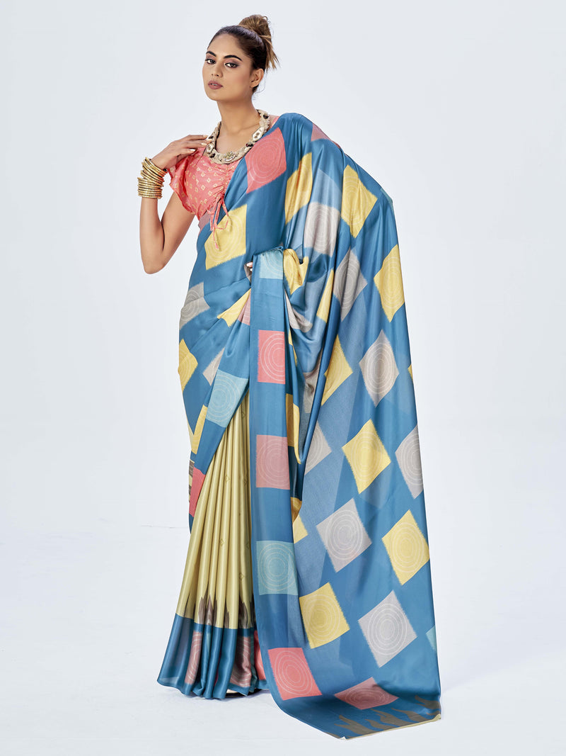 Blue & Yellow Satin Saree