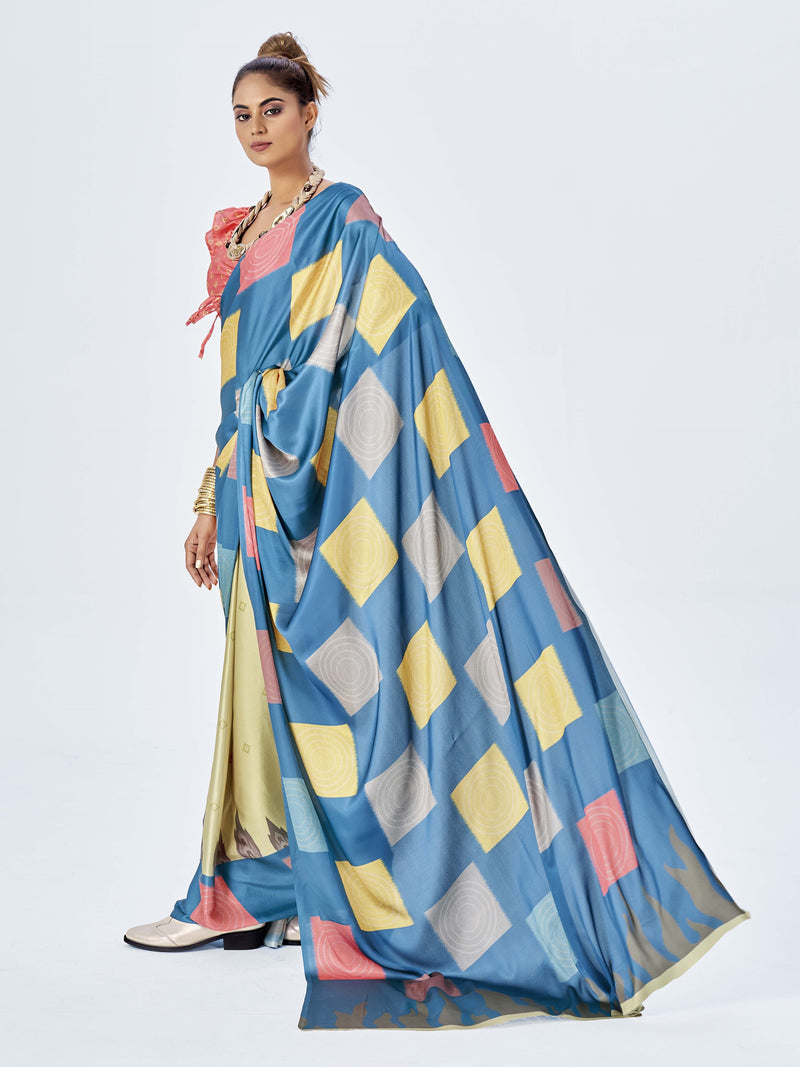 Blue & Yellow Satin Saree