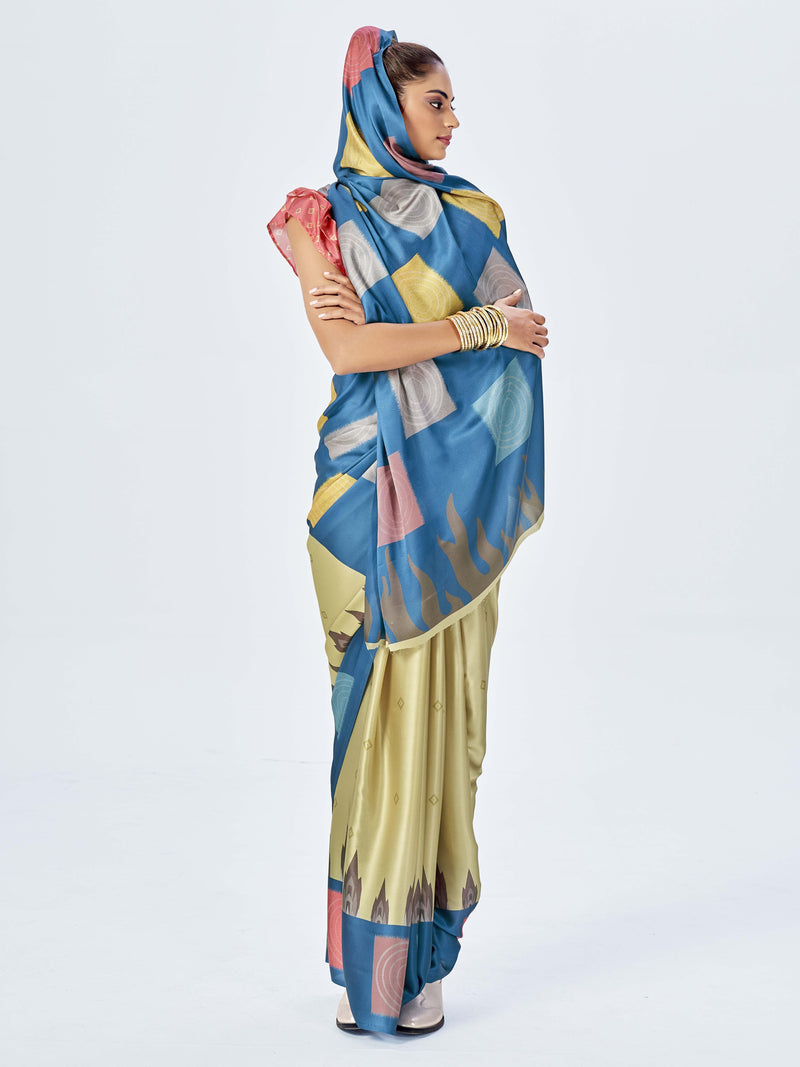 Blue & Yellow Satin Saree