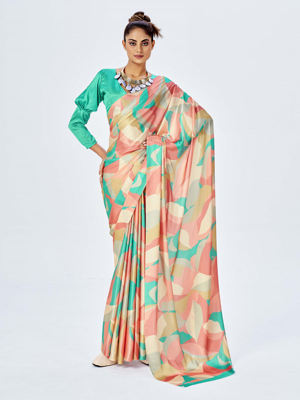 Multicolor Satin Digital Saree