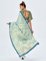 Cream & Teal Satin Based Digital Printed Saree