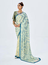 Cream & Teal Satin Based Digital Printed Saree