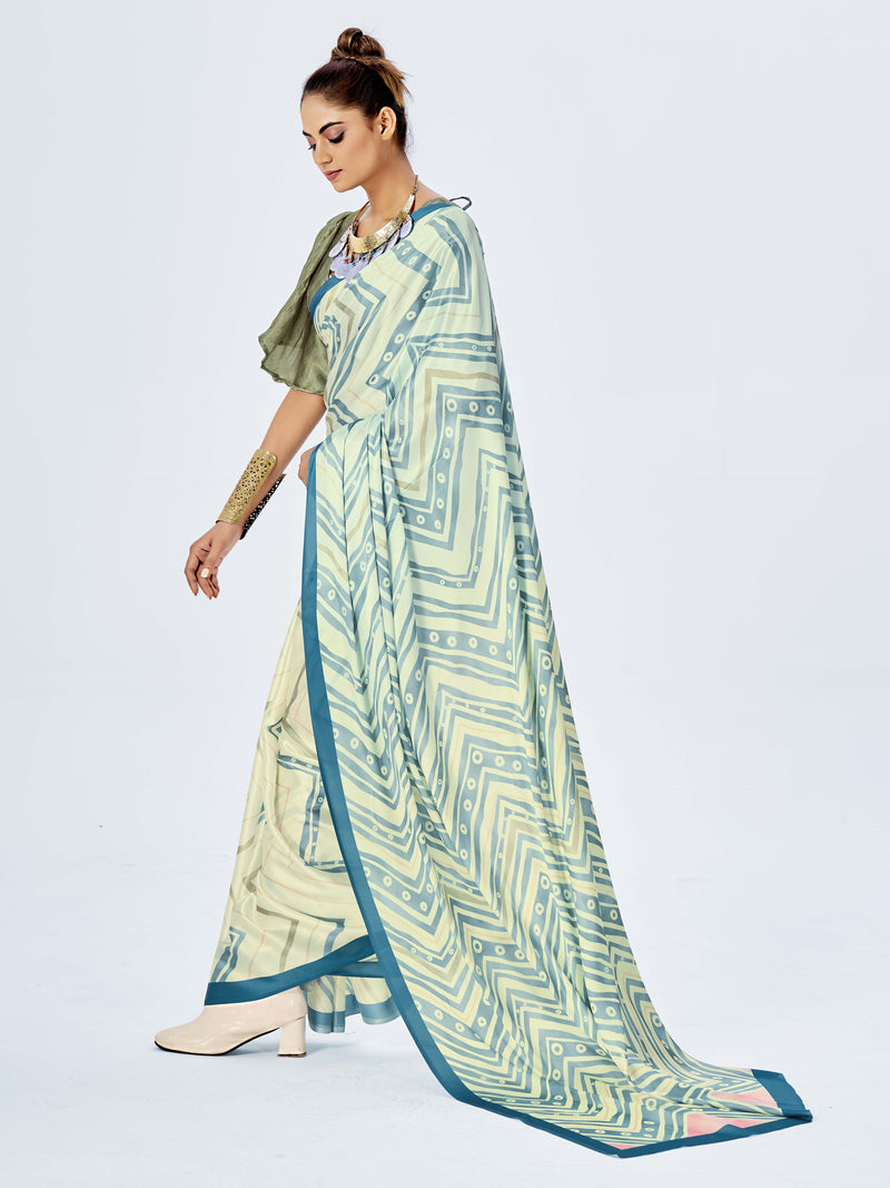 Cream & Teal Satin Based Digital Printed Saree