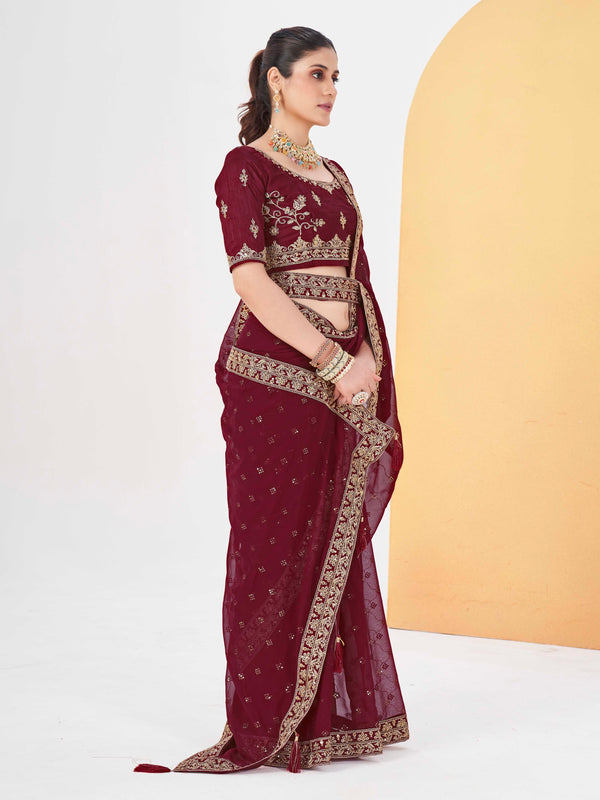 Maroon Poly Georgette Saree