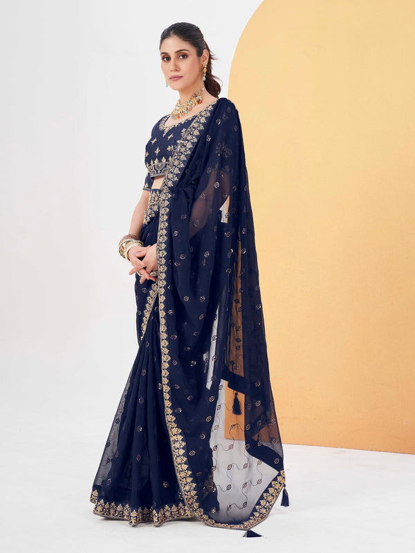 Navy Blue Poly Georgette Saree