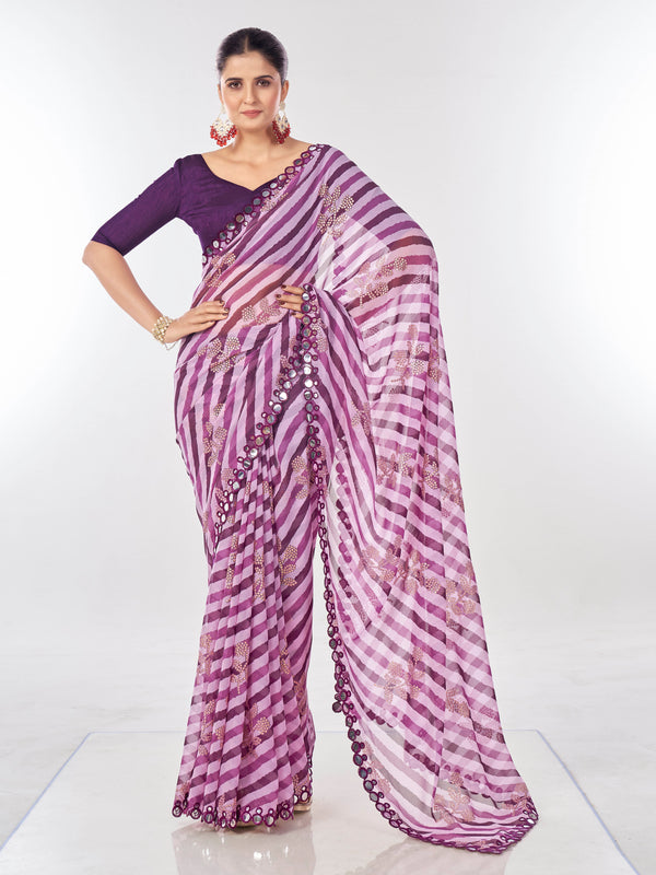 Purple Georgette Saree With mirror work.