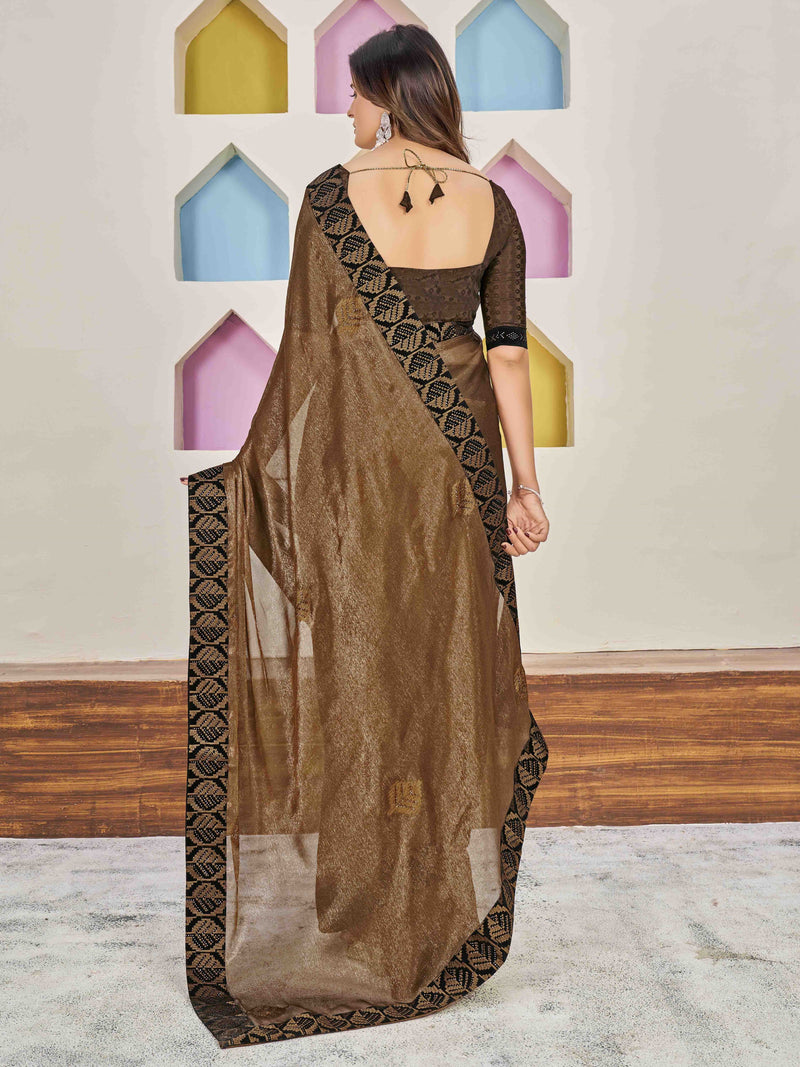 Brown Shimmer Chinon Fancy Saree