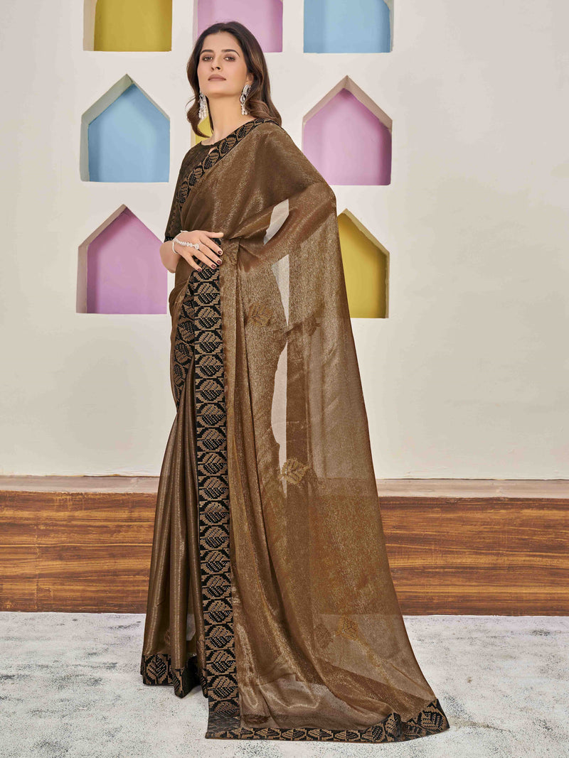 Brown Shimmer Chinon Fancy Saree