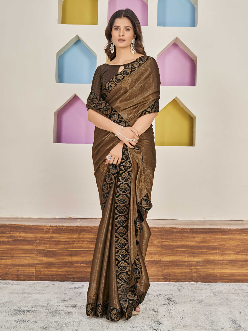 Brown Shimmer Chinon Fancy Saree