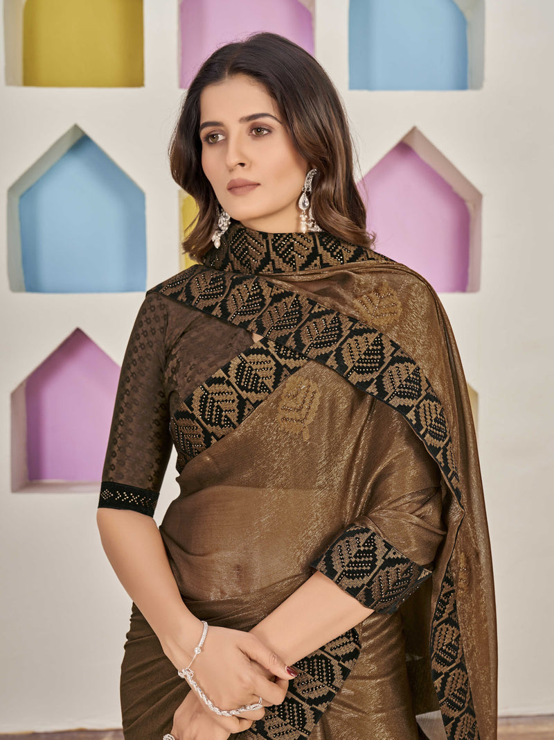 Brown Shimmer Chinon Fancy Saree