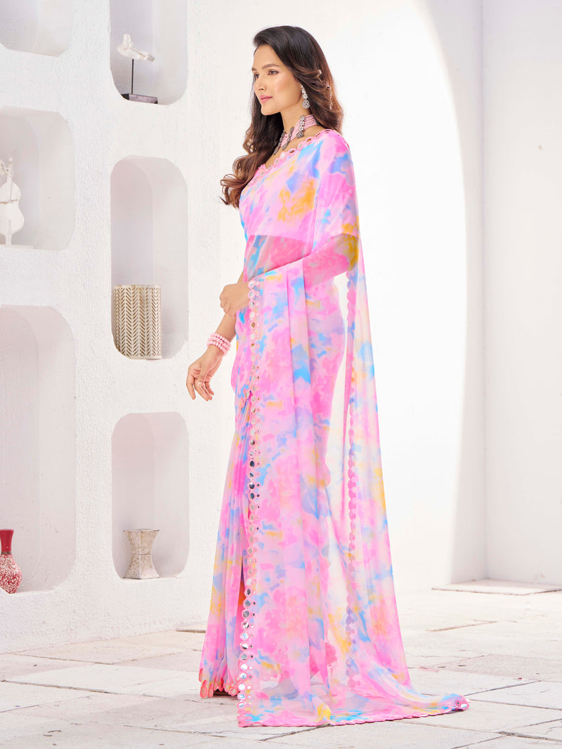 Pink Poly Georgette With Mirror Work Border