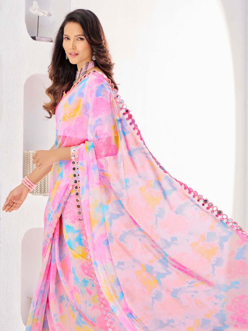 Pink Poly Georgette With Mirror Work Border