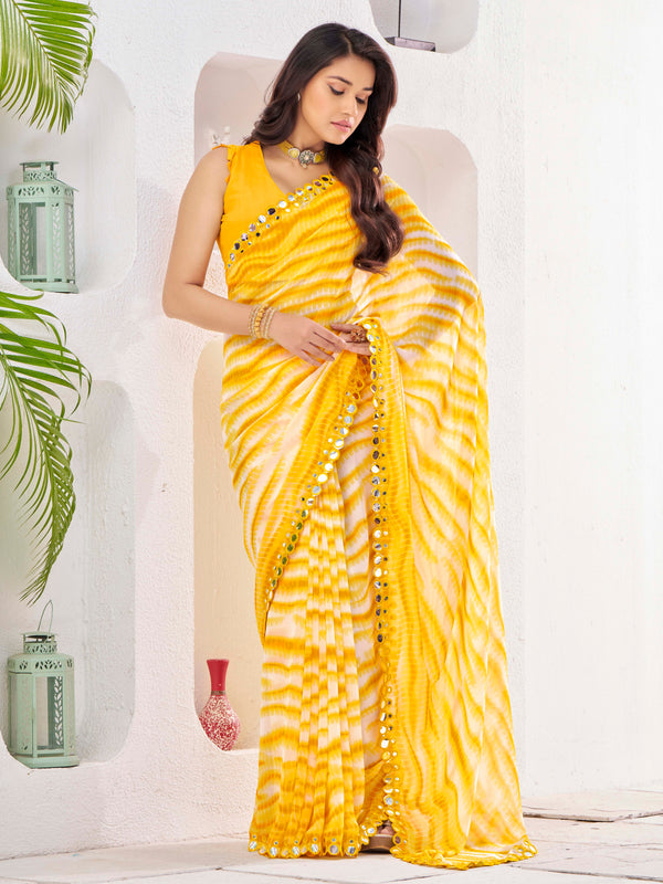 Yellow Georgette With Mirror Work Border