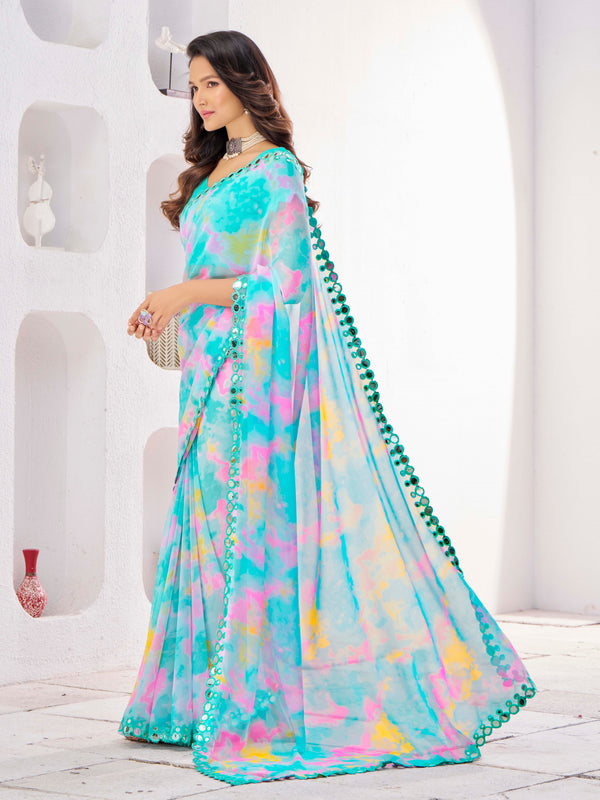 Sky Blue Georgette With Mirror Work