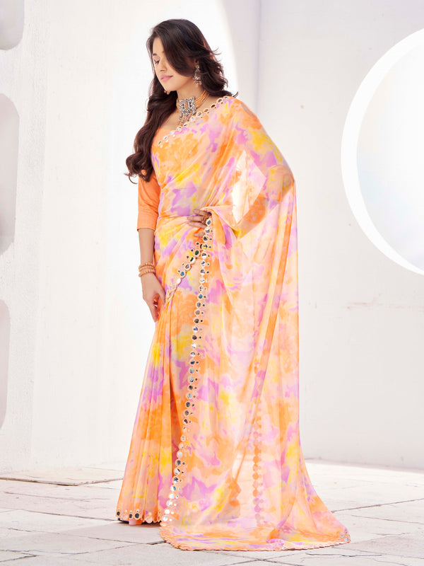 Orange Poly Georgette With Mirror Work Border