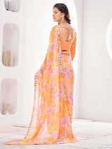 Orange Poly Georgette With Mirror Work Border