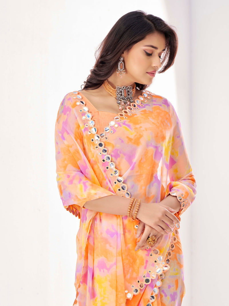 Orange Poly Georgette With Mirror Work Border