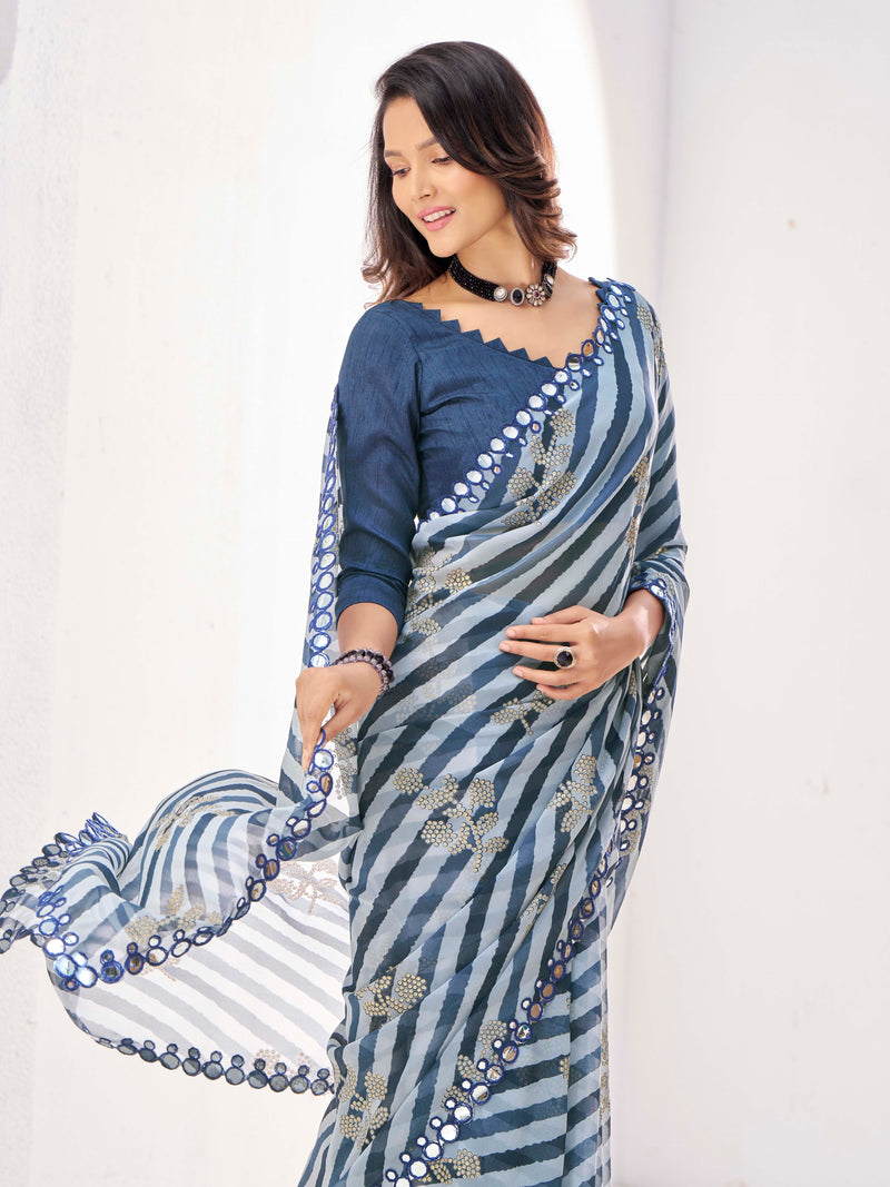Blue Georgette Saree With Mirror work