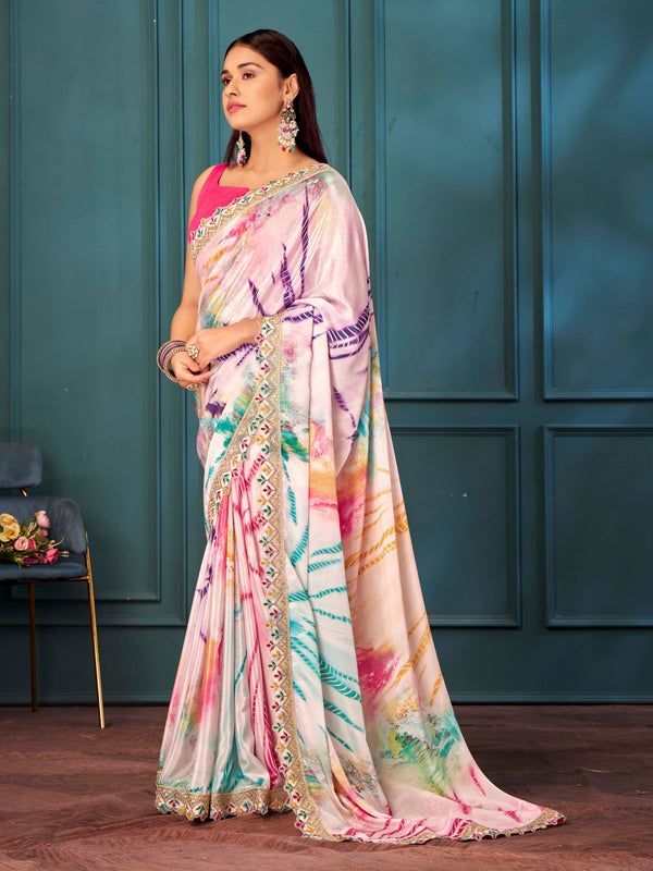 Multi Colored Print With embroidered Border Saree