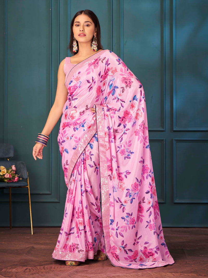 Pink Floral Print Poly Chiffon Saree