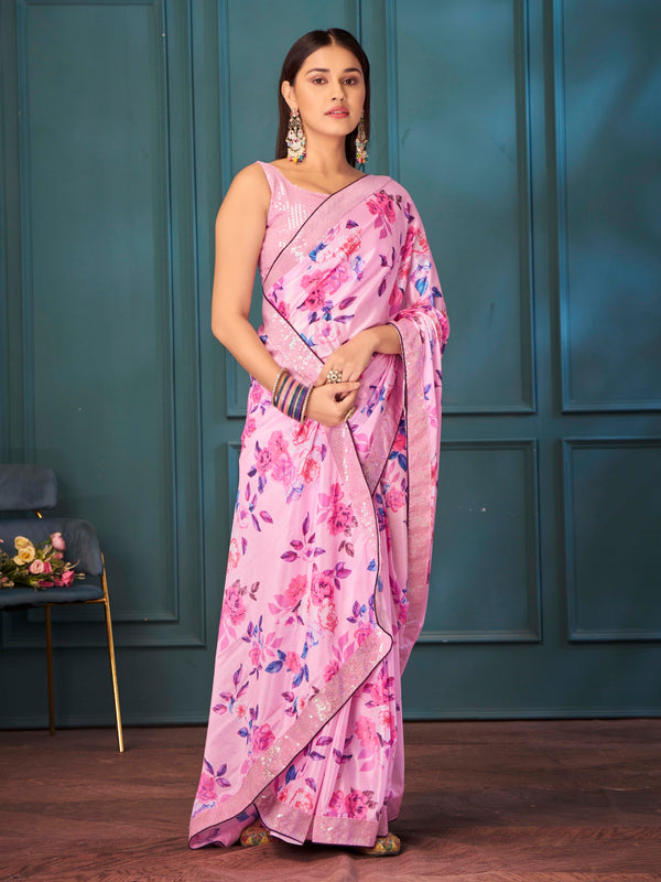 Pink Floral Print Poly Chiffon Saree