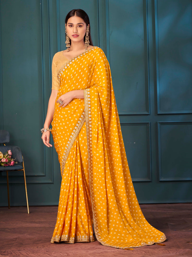 Saffron Glow Print Poly Chiffon Saree