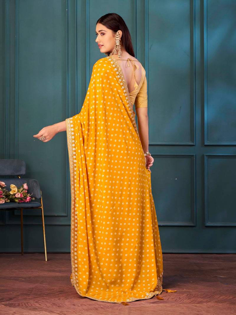 Saffron Glow Print Poly Chiffon Saree