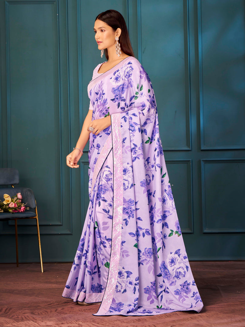 Blue Floral Print Poly Chiffon Saree