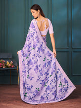 Blue Floral Print Poly Chiffon Saree