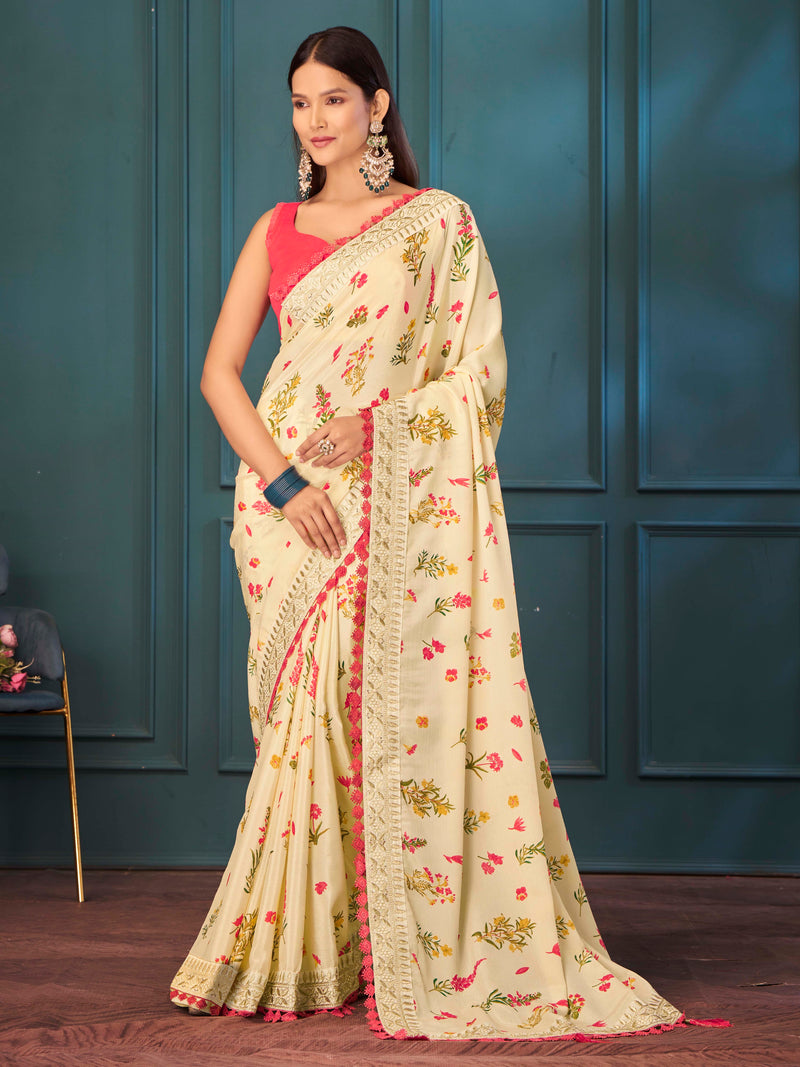 Cream Color With Floral Design Silk Saree