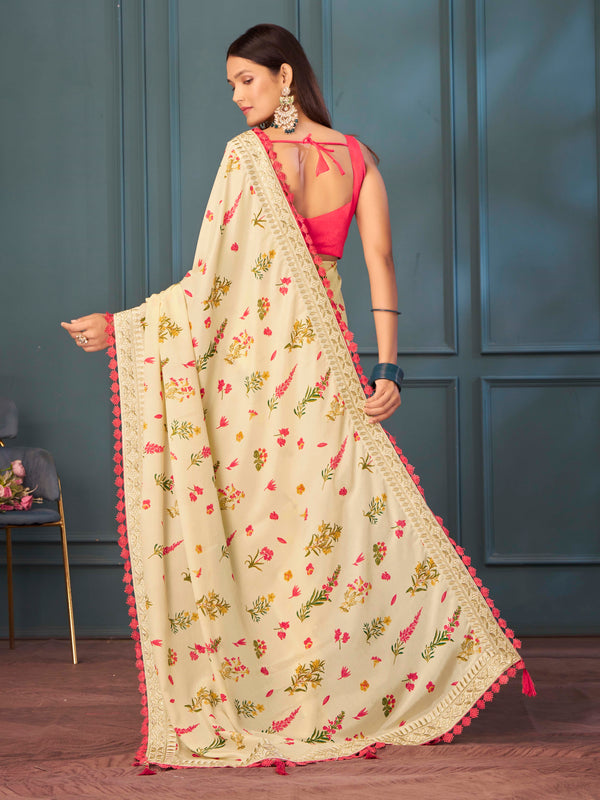 Cream Color With Floral Design Silk Saree