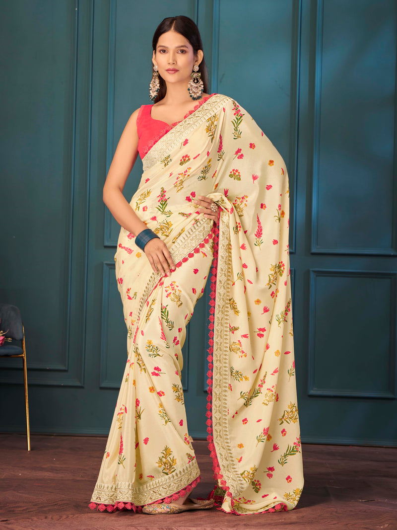 Cream Color With Floral Design Silk Saree