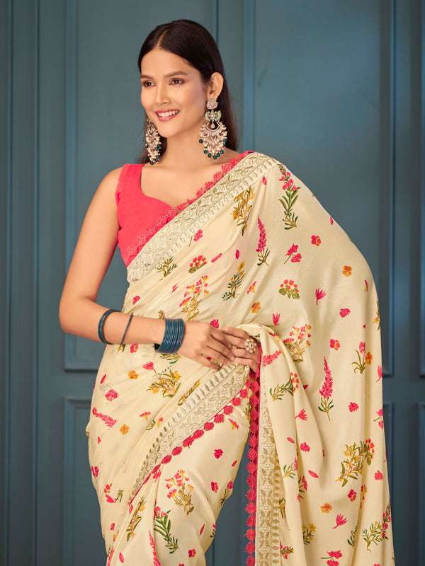 Cream Color With Floral Design Silk Saree