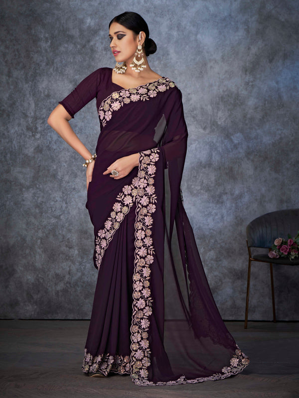 Dark Maroon Embroidered Saree