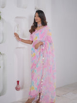 Pink Poly Georgette With Mirror Work Border