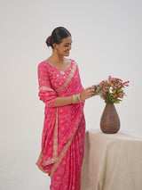 Pink Bandhani Pure Chiffon Saree