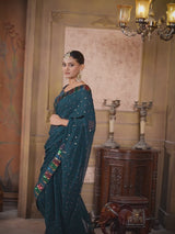 Teal Blue Colored Solid Sequence Saree