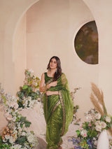 Olive Net Saree With Embroidered Border