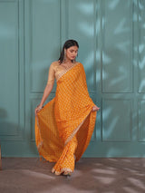 Saffron Glow Print Poly Chiffon Saree