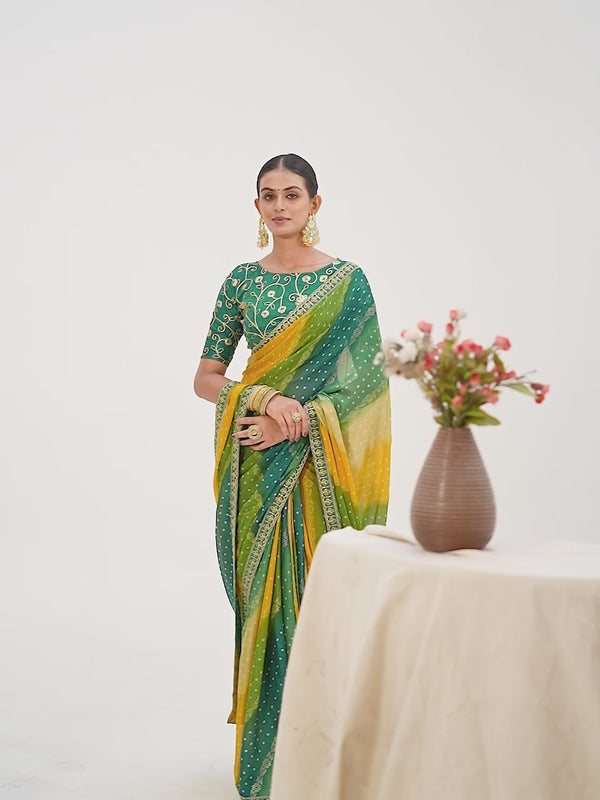 Green Contrast Pure Chiffon Saree