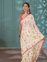 Cream Color With Floral Design Silk Saree